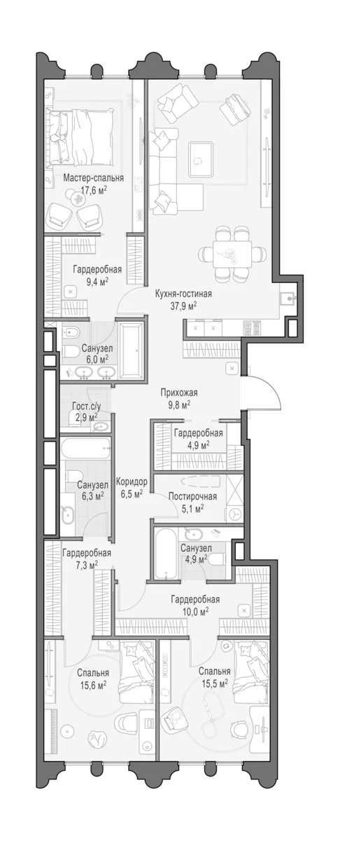 Планировка: Квартира евро-4 161,2 м² в ЖК «Клубный квартал Фрунзенский»