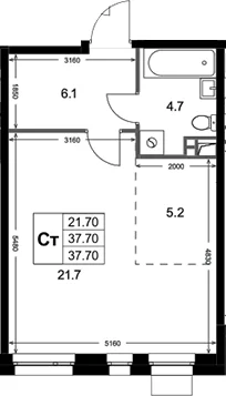 Планировка: Студия 37,7 м² в ЖК «Кореневский Форт 2.3»