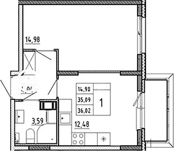 Планировка: 1-комнатная квартира 35,1 м² в ЖК «Аннино Сити»