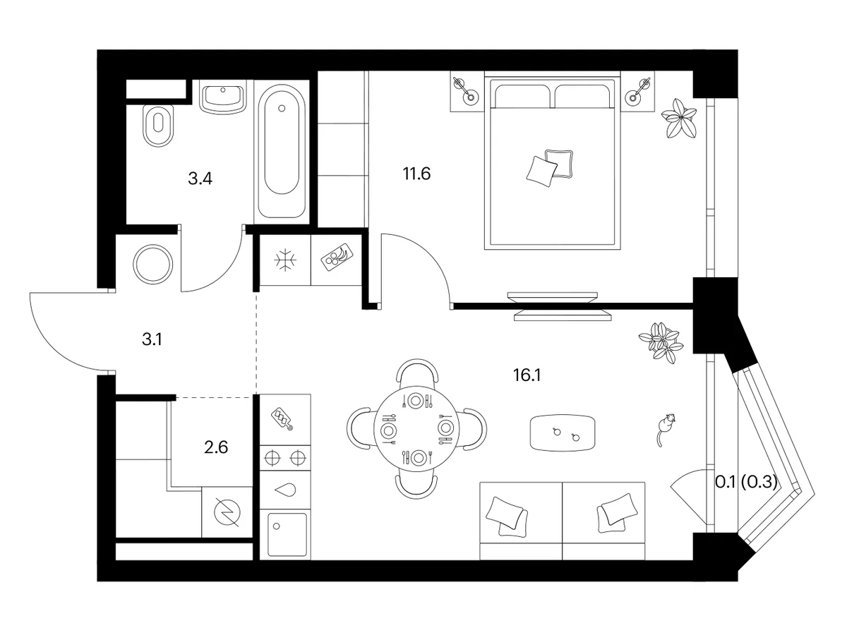Планировка: 1-комнатная квартира 36,8 м² в ЖК «Строгино 360»