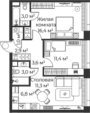 Планировка: Евротрёшка 59,5 м² в ЖК «Веер»
