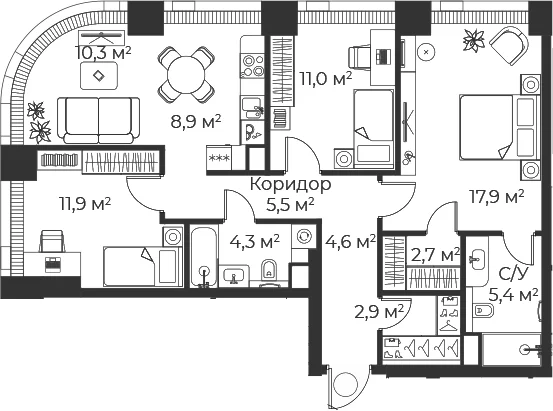 Планировка: Квартира евро-4 85,2 м² в ЖК «Веер»