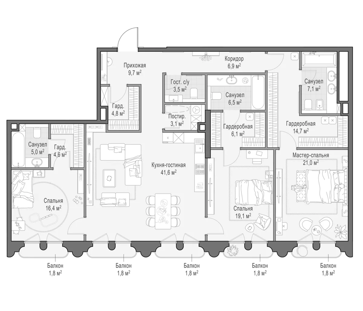 Планировка: Квартира евро-4 174,5 м² в ЖК «Клубный квартал Фрунзенский»