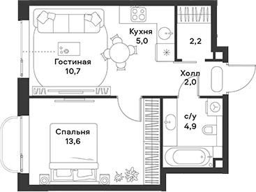 Планировка: Евродвушка 38,4 м² в ЖК «АЛИА»