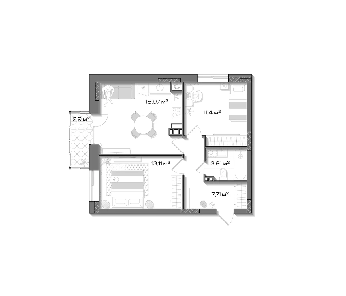 Планировка: Евротрёшка 53,1 м² в ЖК «Аксиома.Возрождение»