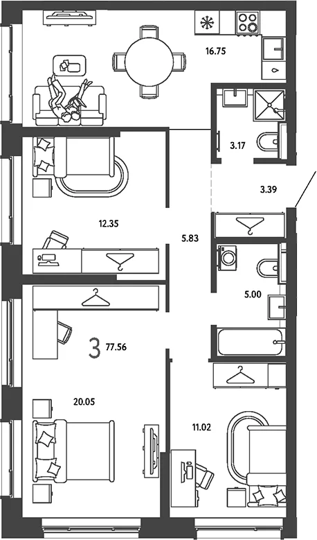 Планировка: 3-комнатная квартира 77,6 м² в ЖК «Страна.Парковая»