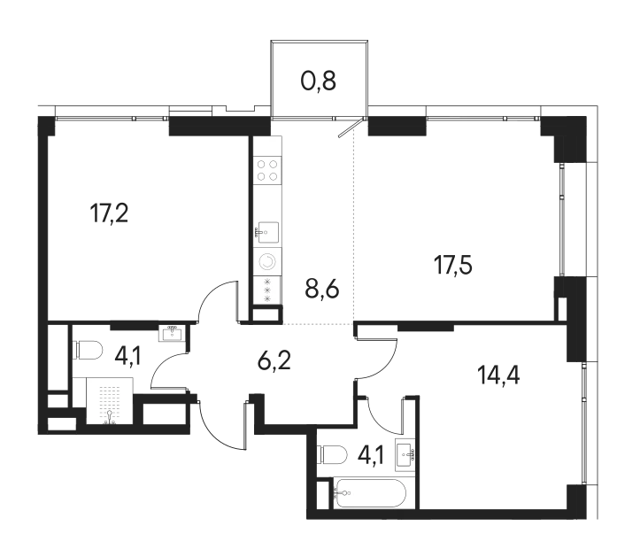 Планировка: Евротрёшка 72,1 м² в ЖК «Клубный город на реке Примавера»