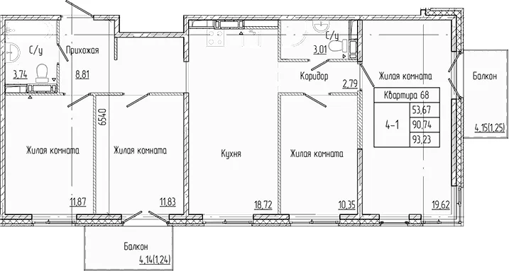 Планировка: Квартира евро-5 90,7 м² в ЖК «Арт Парк»