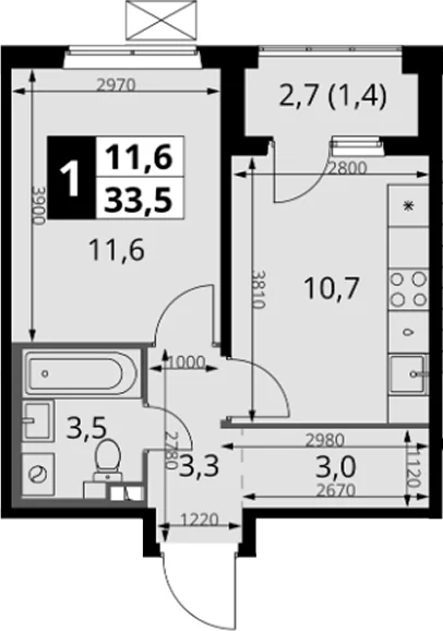 Планировка: 1-комнатная квартира 32,1 м² в ЖК «1-й Южный»