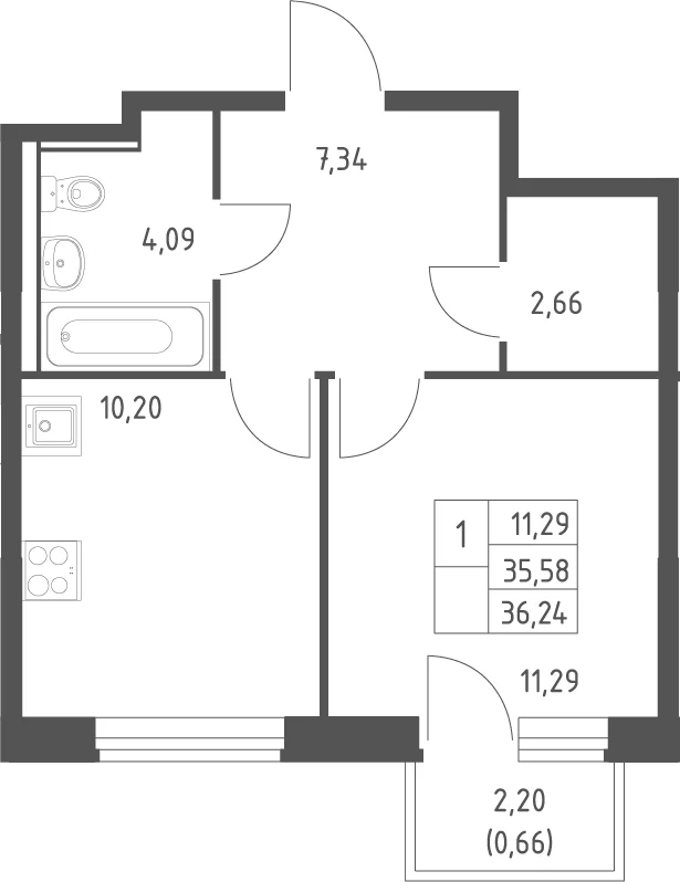 Планировка: 1-комнатная квартира 35,6 м² в ЖК «Квартал Ивакино»