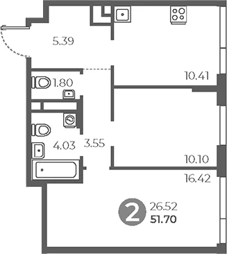 Планировка: 2-комнатная квартира 51,7 м² в ЖК «Нижегородская от Гранель»