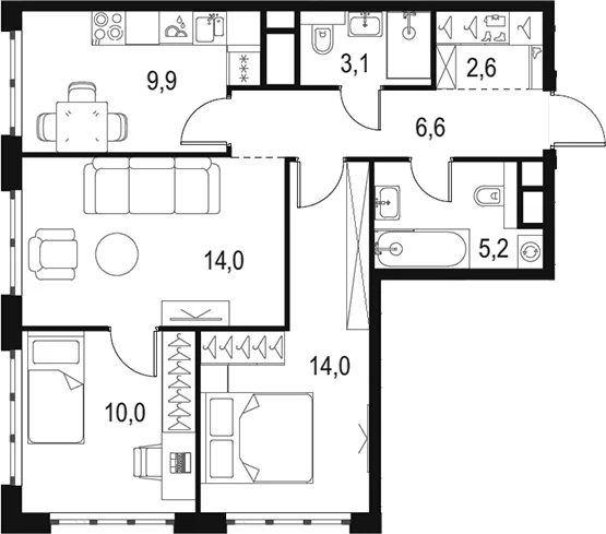 Планировка: 3-комнатная квартира 65,4 м² в ЖК «Левел Южнопортовая»