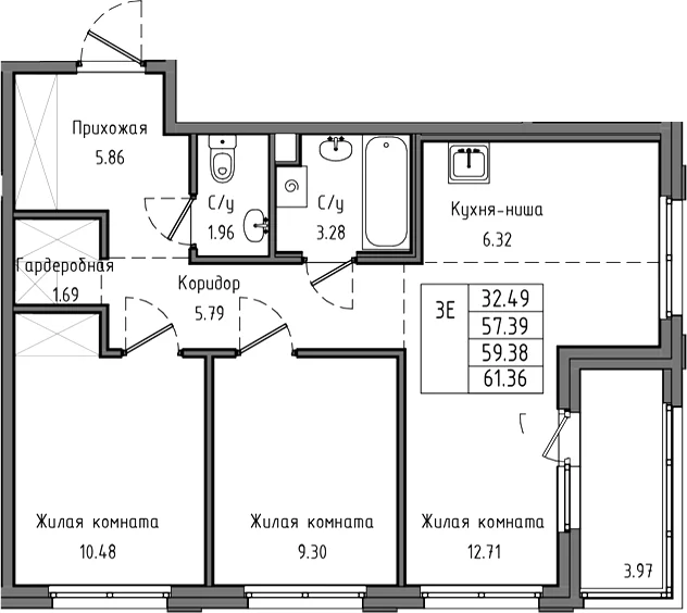 Планировка: Евротрёшка 57,4 м² в ЖК «Тишин»