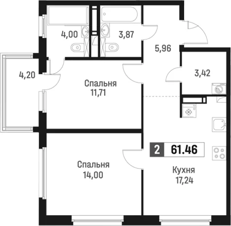 Планировка: Евротрёшка 60,2 м² в ЖК «Максималист»