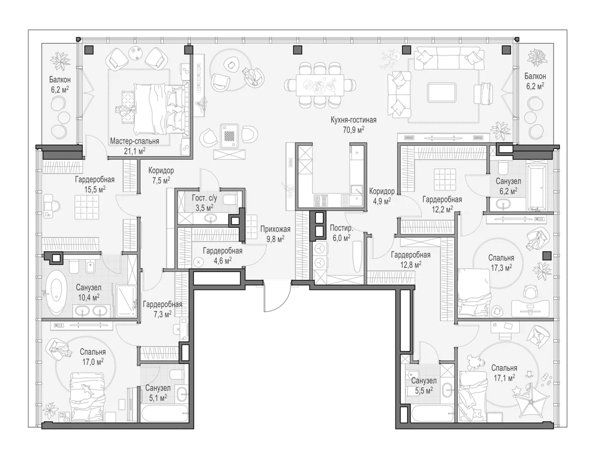 Планировка: Квартира евро-5 259,8 м² в ЖК «Клубный квартал Фрунзенский»