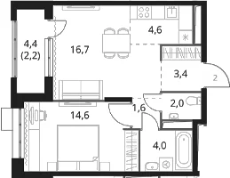 Планировка: 1-комнатная квартира 46,9 м² в ЖК «1-й Саларьевский»