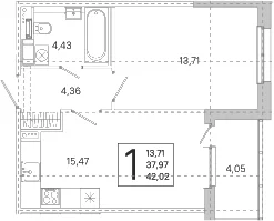 Планировка: Евродвушка 38 м² в ЖК «ЮгТаун. Олимпийские кварталы»