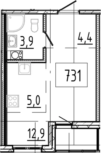 Планировка: Студия 26,2 м² в ЖК «Клюква.Парк»