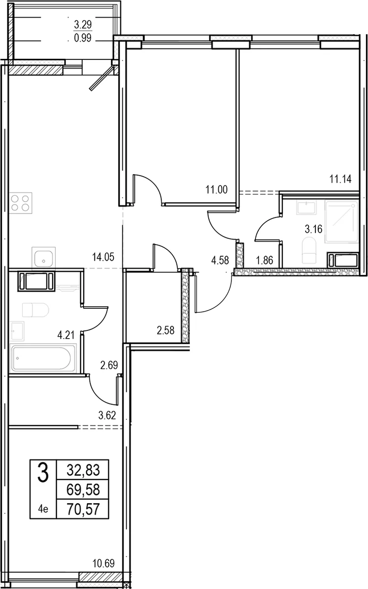 Планировка: Квартира евро-4 69,6 м² в ЖК «ID Murino III»