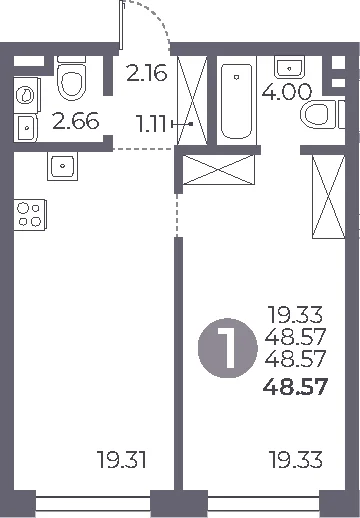 Планировка: 1-комнатная квартира 48,6 м² в ЖК «Мневники от Гранель»
