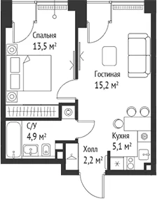 Планировка: Евродвушка 40,9 м² в ЖК «СЕТ»