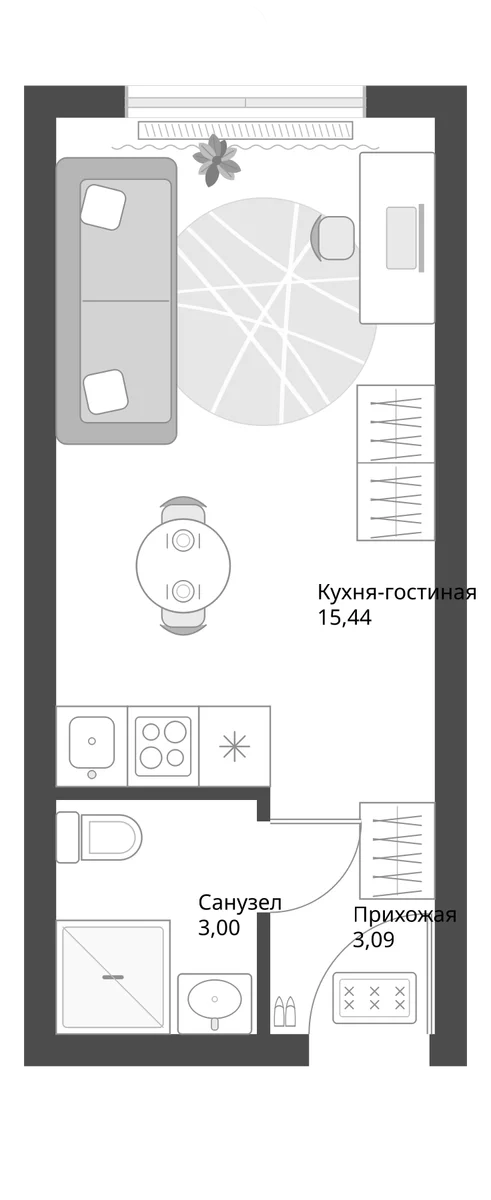 Планировка: Студия 21,5 м² в ЖК «Апарт-комплекс Первый Зеленый»