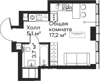 Планировка: Студия 26 м² в ЖК «Сити Бэй»