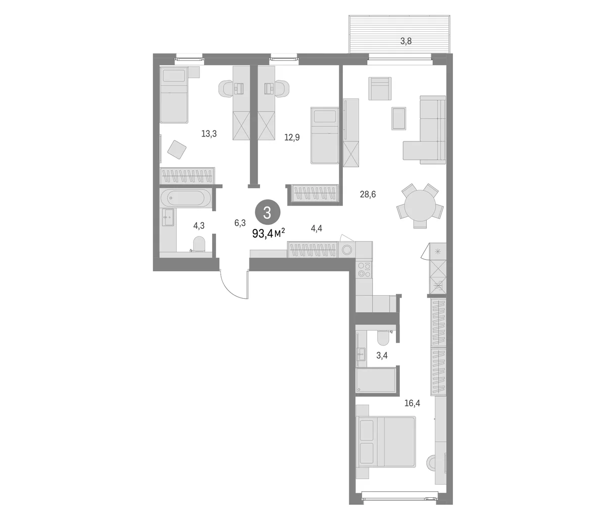 Планировка: 3-комнатная квартира 89,6 м² в ЖК «Северный ветер»