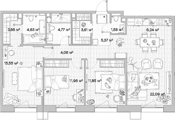 Планировка: Квартира евро-4 95,4 м² в ЖК «МЫС»