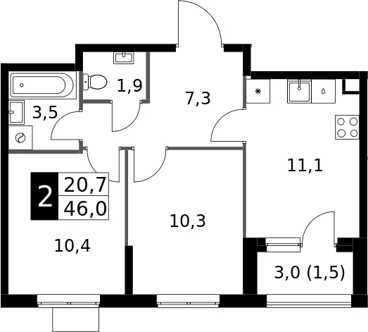Планировка: 2-комнатная квартира 44,5 м² в ЖК «1-й Измайловский»
