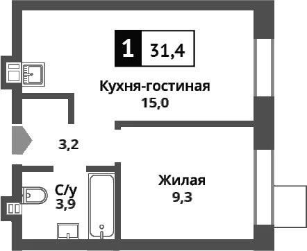 Планировка: Евродвушка 31,4 м² в ЖК «Никольский квартал Отрада»