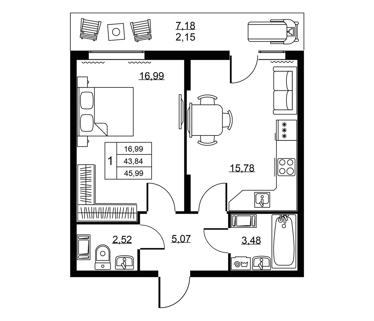 Планировка: Евродвушка 43,8 м² в ЖК «Пулковское, 34»