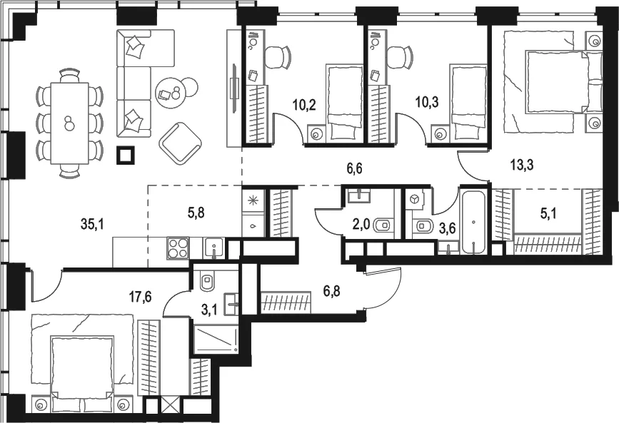 Планировка: Квартира евро-5 119,5 м² в ЖК «Левел Звенигородская»