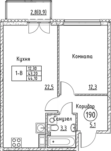 Планировка: Евродвушка 43,2 м² в ЖК «Кронунг Юг»