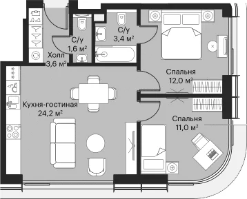 Планировка: Евротрёшка 54,6 м² в ЖК «Сити Бэй»