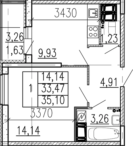 Планировка: 1-комнатная квартира 33,5 м² в ЖК «Высота. Бугры»