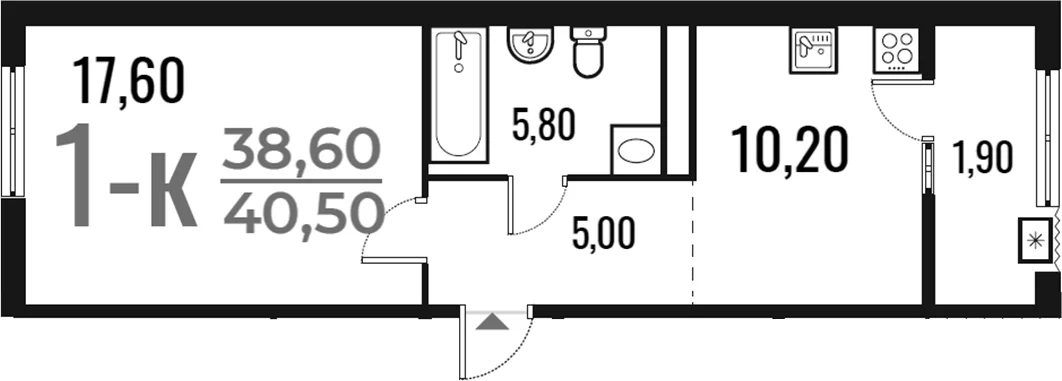 Планировка: 1-комнатная квартира 38,6 м² в ЖК «Новое Летово»