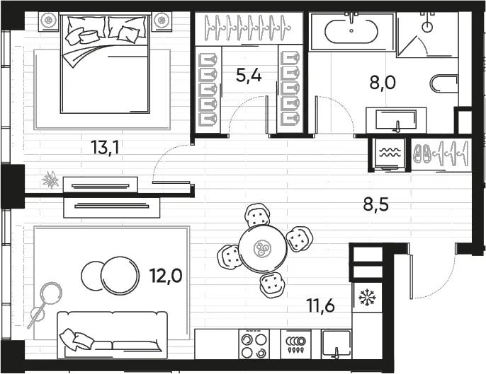 Планировка: Евродвушка 58,6 м² в ЖК «ПРАЙД»