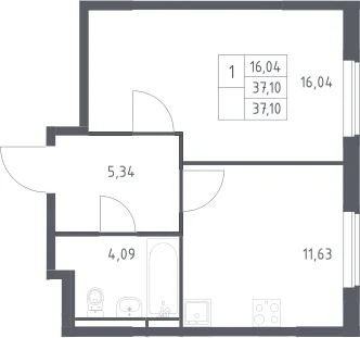 Планировка: 1-комнатная квартира 37,1 м² в ЖК «Мытищи Парк»