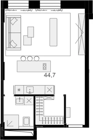 Планировка: Квартира 44,8 м² в ЖК «Резиденции архитекторов»