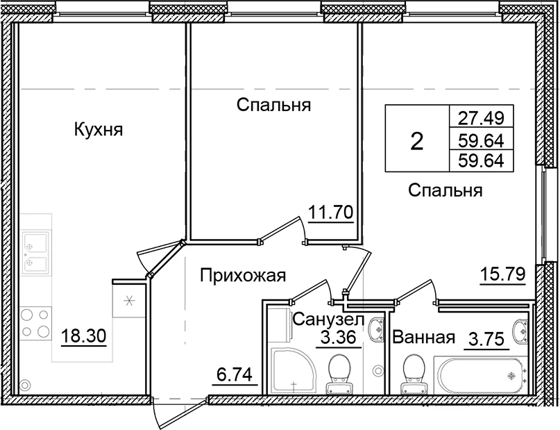 Планировка: 2-комнатная квартира 59,6 м² в ЖК «Квартал Заречье»