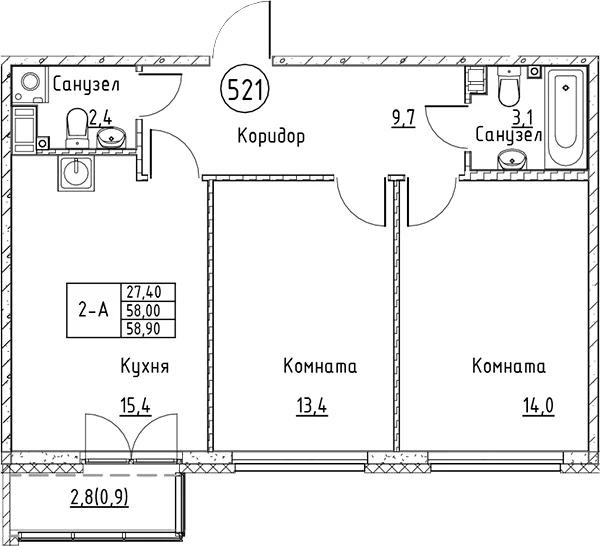 Планировка: Евротрёшка 58 м² в ЖК «Кронунг Юг»