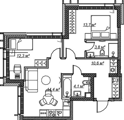 Планировка: Евротрёшка 58,9 м² в ЖК «Веер»