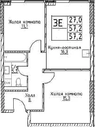 Планировка: Евротрёшка 57,2 м² в ЖК «Наметкин Тауэр»