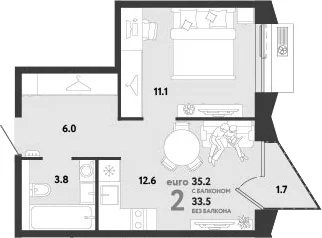 Планировка: Евродвушка 33,5 м² в ЖК «Страна.Заречная»