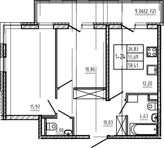 Планировка: 2-комнатная квартира 55,7 м² в ЖК «Новая история»