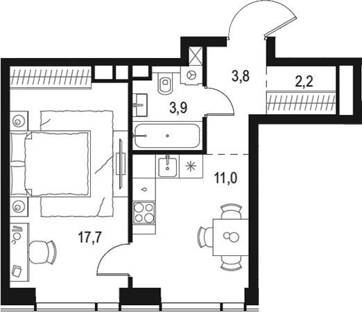 Планировка: 1-комнатная квартира 38,6 м² в ЖК «Левел Звенигородская»