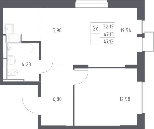 Планировка: Евродвушка 47,1 м² в ЖК «Большое Путилково»