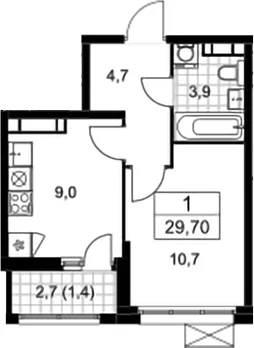 Планировка: 1-комнатная квартира 28,3 м² в ЖК «Скандинавия»