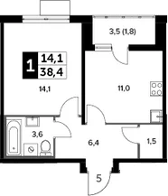 Планировка: 1-комнатная квартира 36,6 м² в ЖК «Южная Битца»